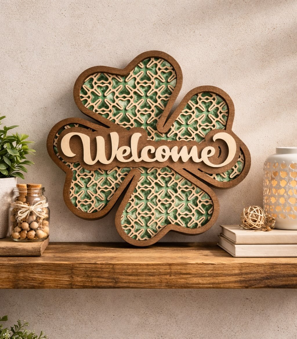 3D layered welcome door sign with a cut-pattern backer