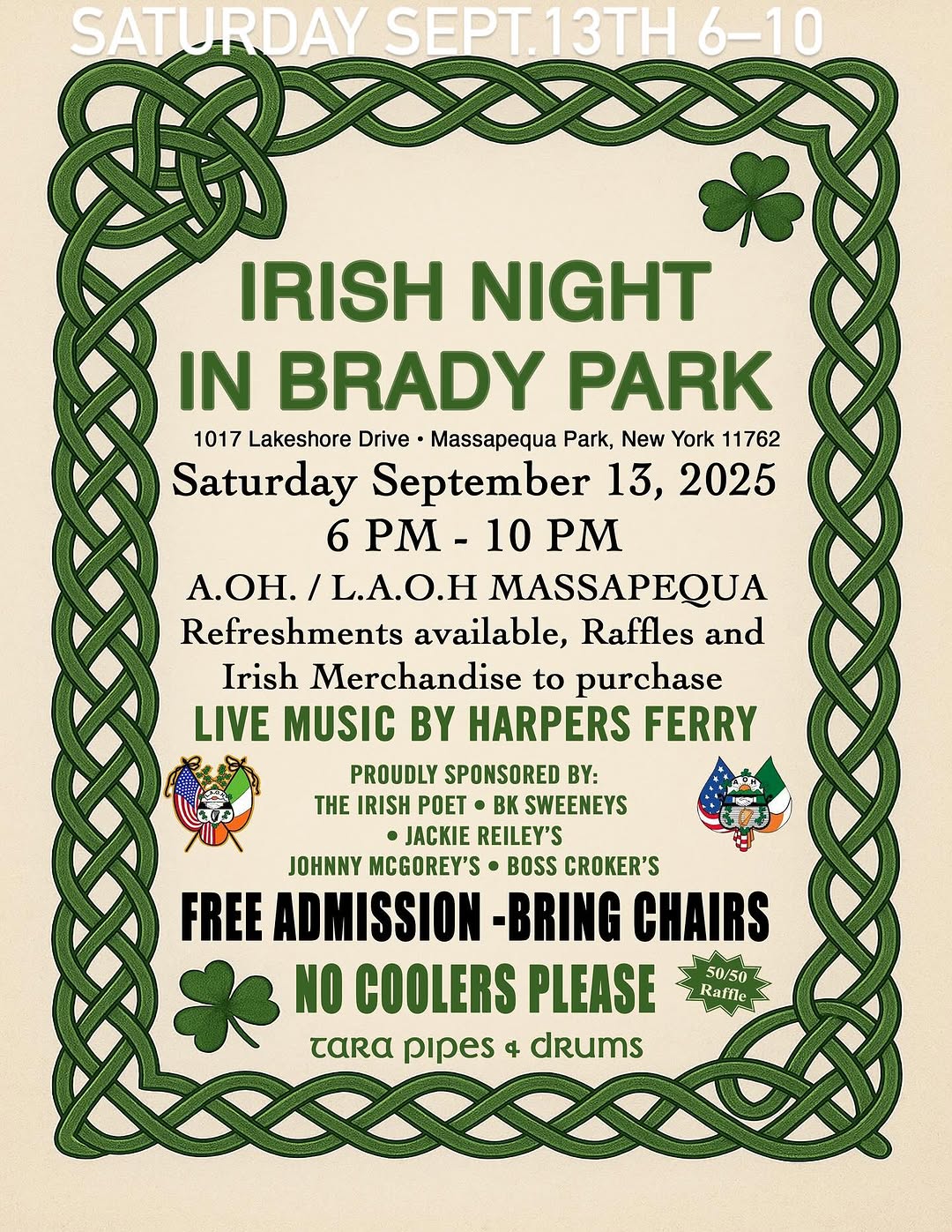 Come find us at Irish Night in Brady Park. Live music, refreshments, vendors, and baked goods. Supporting small business on Long Island.